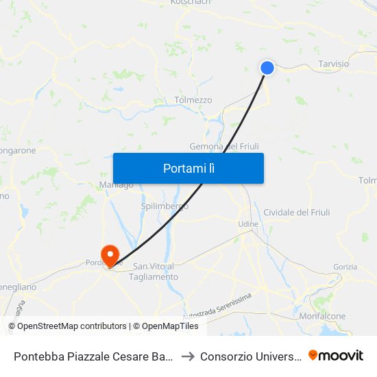 Pontebba Piazzale Cesare Battisti 3 (Stazione Fs, Dir.Udine) to Consorzio Universitario Di Pordenone map
