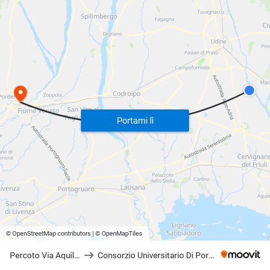 Percoto Via Aquileia 1 to Consorzio Universitario Di Pordenone map