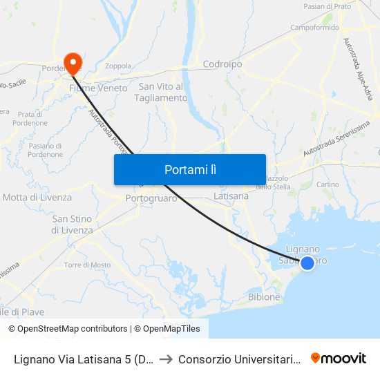 Lignano Via Latisana 5 (Darsena Vecchia) to Consorzio Universitario Di Pordenone map