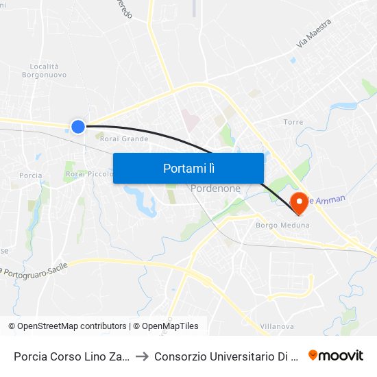 Porcia Corso Lino Zanussi 18 to Consorzio Universitario Di Pordenone map