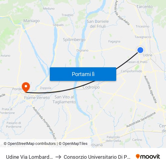 Udine Via Lombardia 163 to Consorzio Universitario Di Pordenone map