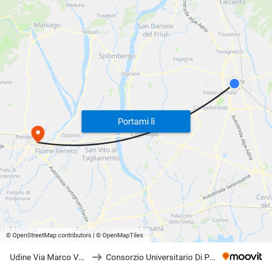 Udine Via Marco Volpe 45 to Consorzio Universitario Di Pordenone map