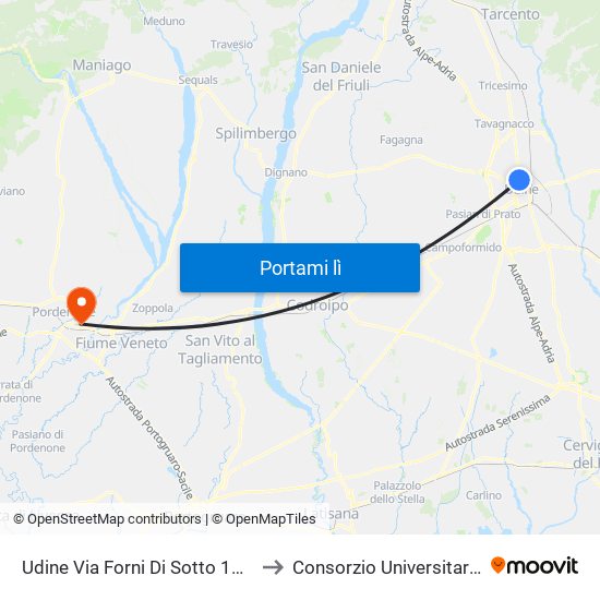 Udine Via Forni Di Sotto 13 (Piazzale Chiavris) to Consorzio Universitario Di Pordenone map