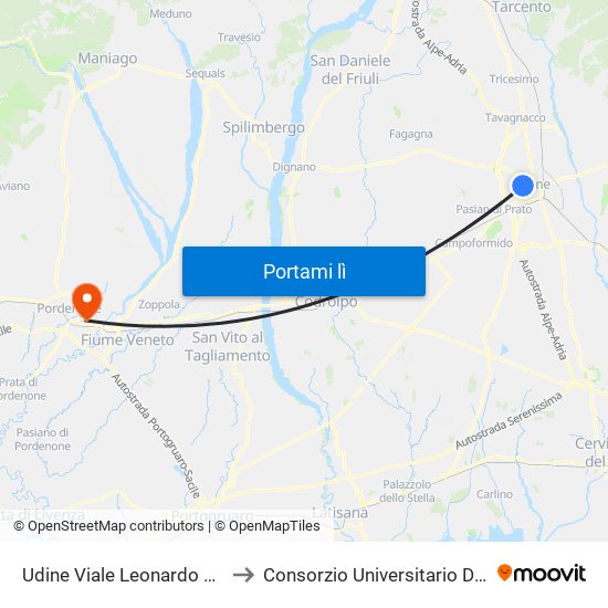 Udine Viale Leonardo 4 (Marinelli) to Consorzio Universitario Di Pordenone map