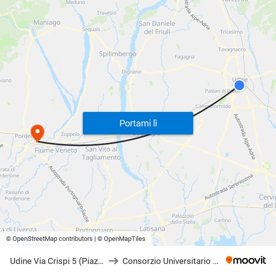 Udine Via Crispi 5 (Piazza Garibaldi) to Consorzio Universitario Di Pordenone map