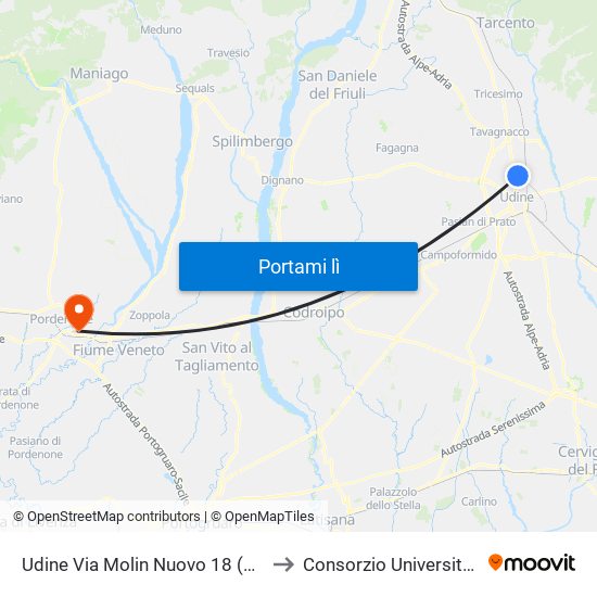 Udine Via Molin Nuovo 18 (Scuola Materna Di Rosa) to Consorzio Universitario Di Pordenone map