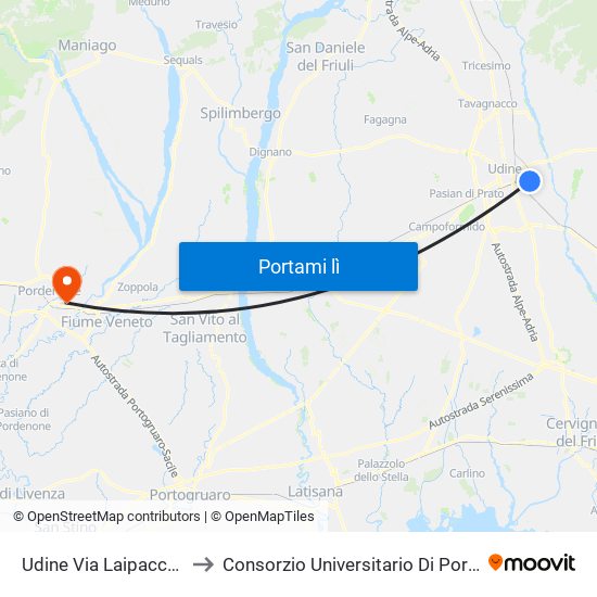 Udine Via Laipacco 114 to Consorzio Universitario Di Pordenone map
