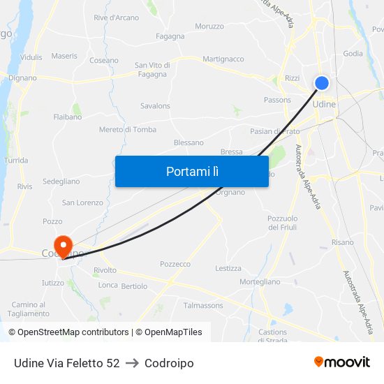 Udine Via Feletto 52 to Codroipo map