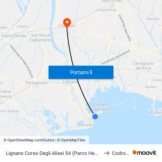 Lignano Corso Degli Alisei 54 (Parco Hemingway) to Codroipo map