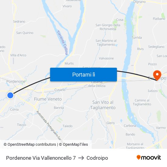 Pordenone Via Vallenoncello 7 to Codroipo map