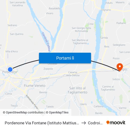 Pordenone Via Fontane (Istituto Mattiussi) to Codroipo map