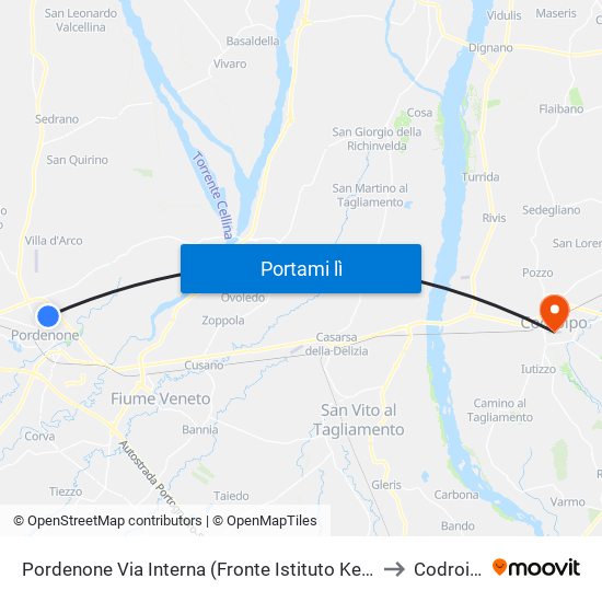 Pordenone Via Interna (Fronte Istituto Kennedy) to Codroipo map