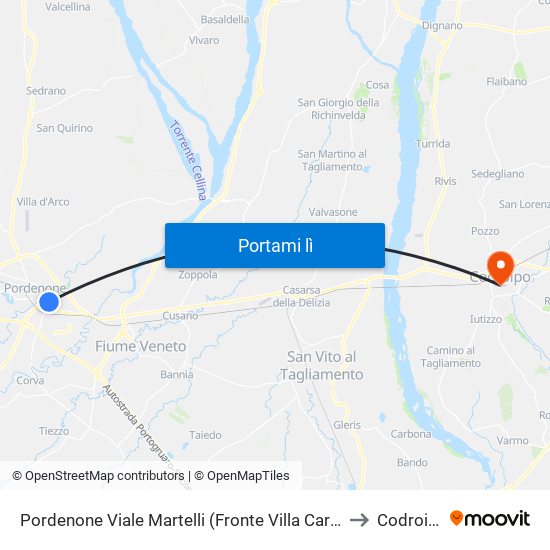 Pordenone Viale Martelli (Fronte Villa Carinzia) to Codroipo map