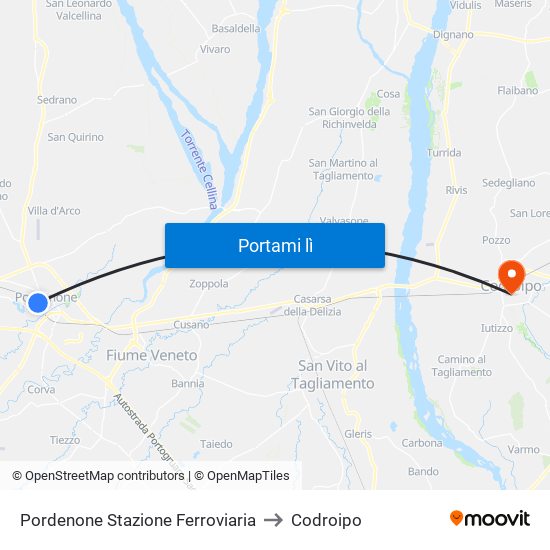 Pordenone Stazione Ferroviaria to Codroipo map