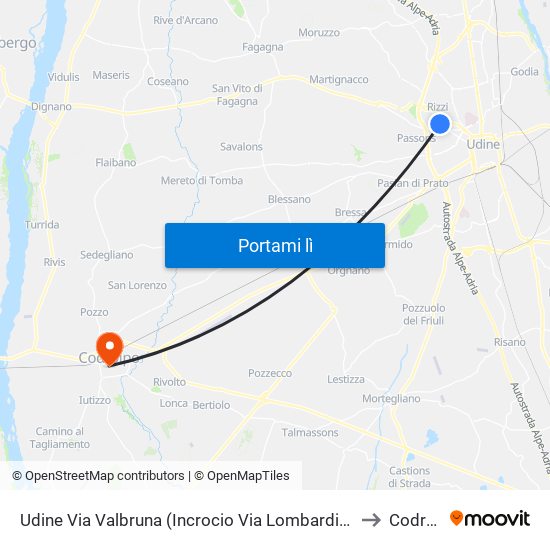 Udine Via Valbruna (Incrocio Via Lombardia, Dir. Università) to Codroipo map