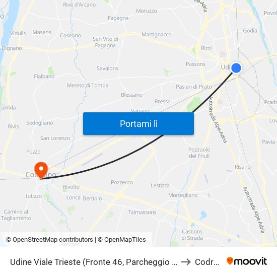 Udine Viale Trieste (Fronte 46, Parcheggio Teatro Nuovo) to Codroipo map