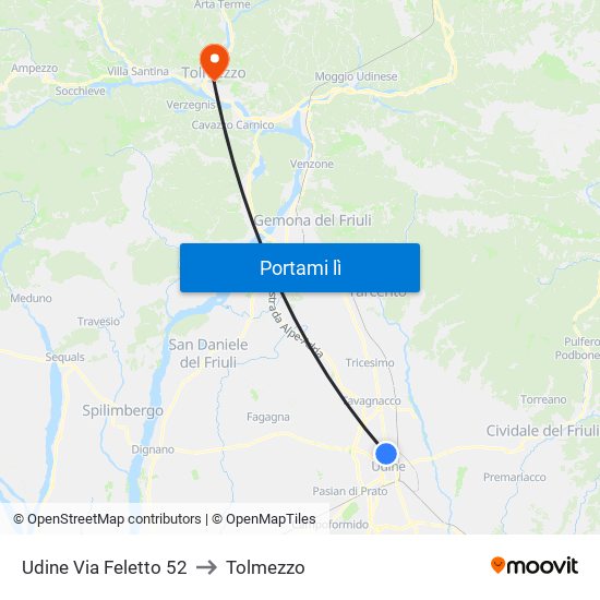 Udine Via Feletto 52 to Tolmezzo map