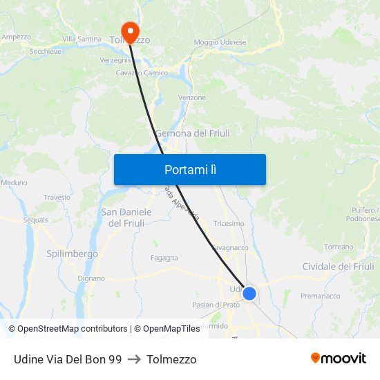 Udine Via Del Bon 99 to Tolmezzo map