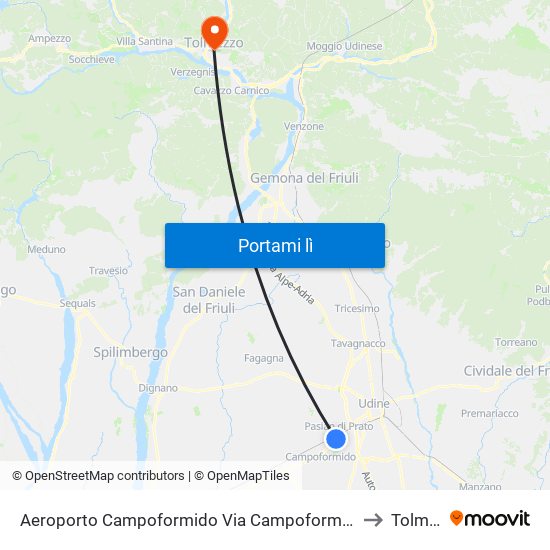 Aeroporto Campoformido Via Campoformido (Fr.138, Dir.Udine) to Tolmezzo map