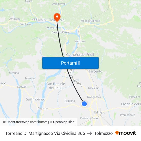 Torreano Di Martignacco Via Cividina 366 to Tolmezzo map