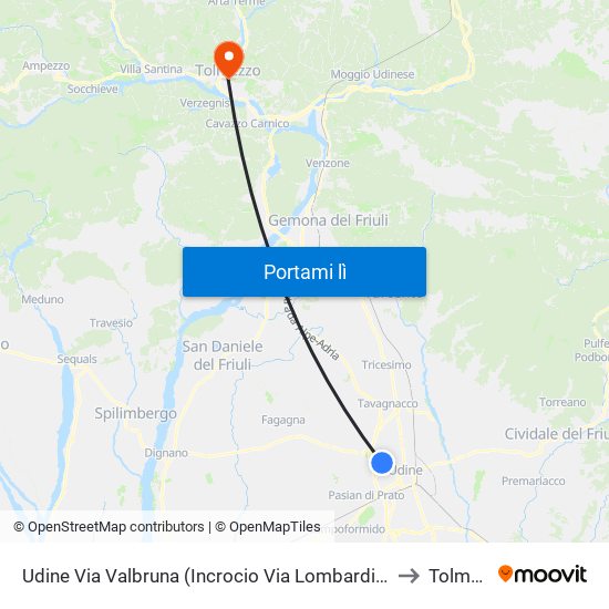 Udine Via Valbruna (Incrocio Via Lombardia, Dir. Università) to Tolmezzo map