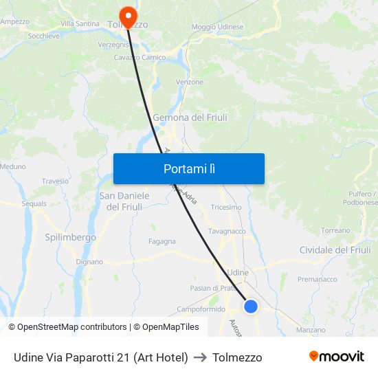 Udine Via Paparotti 21 (Art Hotel) to Tolmezzo map