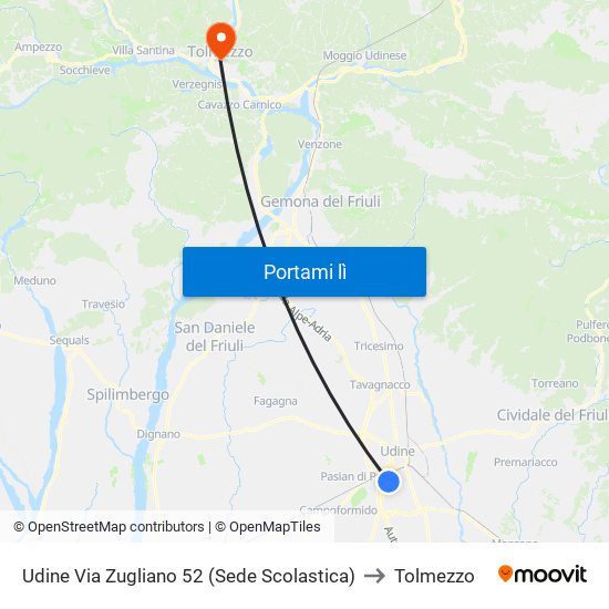 Udine Via Zugliano 52 (Sede Scolastica) to Tolmezzo map