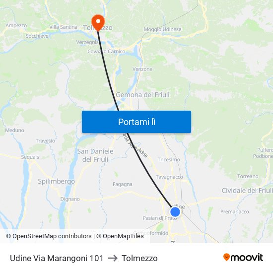 Udine Via Marangoni 101 to Tolmezzo map