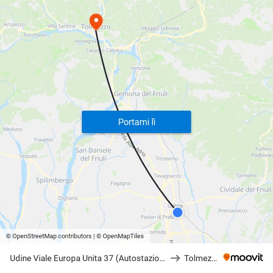 Udine Viale Europa Unita 37 (Autostazione) to Tolmezzo map