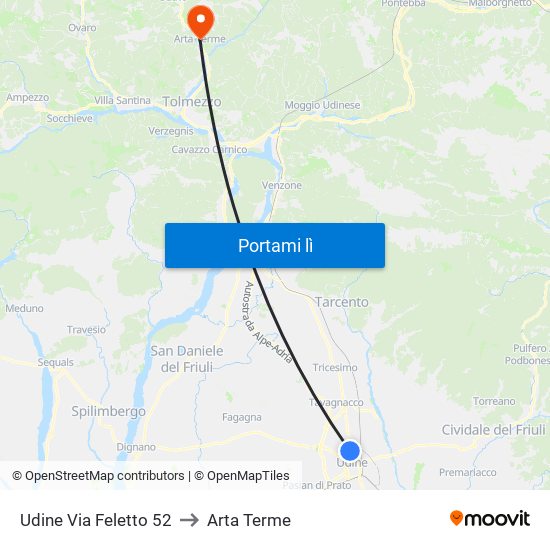 Udine Via Feletto 52 to Arta Terme map