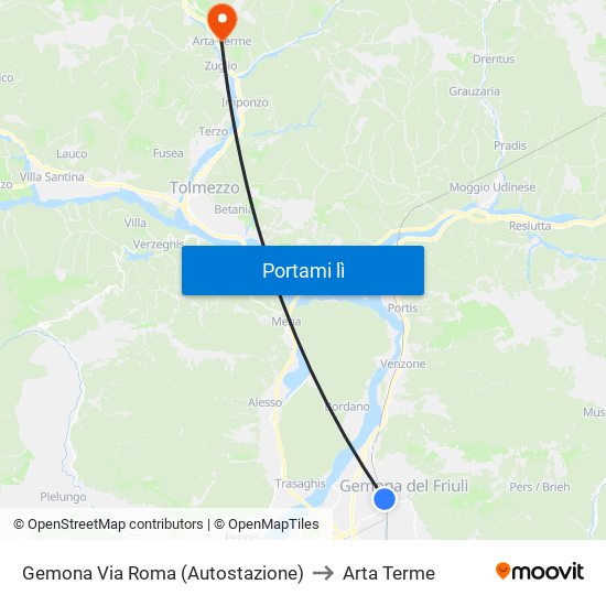 Gemona Via Roma (Autostazione) to Arta Terme map