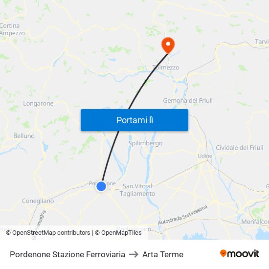 Pordenone Stazione Ferroviaria to Arta Terme map