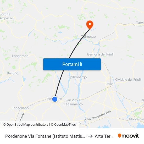Pordenone Via Fontane (Istituto Mattiussi) to Arta Terme map