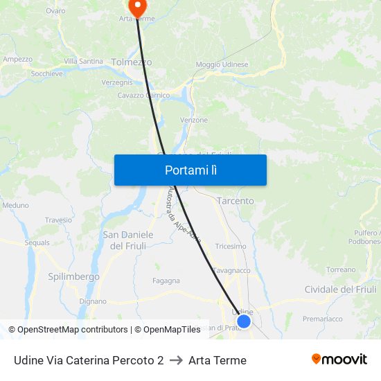 Udine Via Caterina Percoto 2 to Arta Terme map