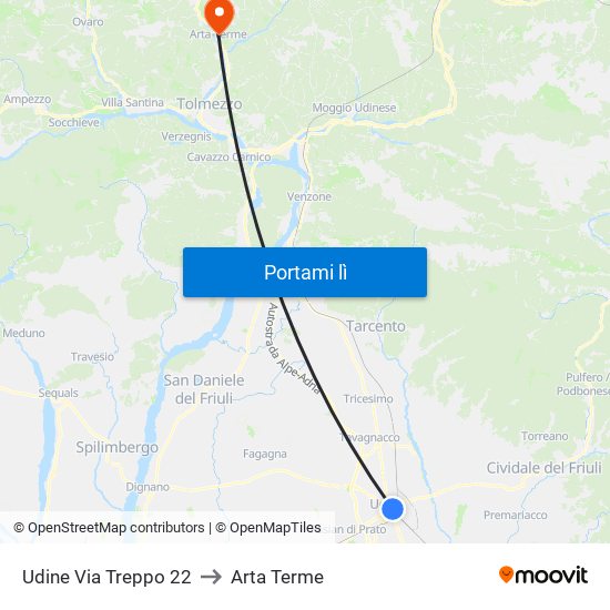 Udine Via Treppo 22 to Arta Terme map