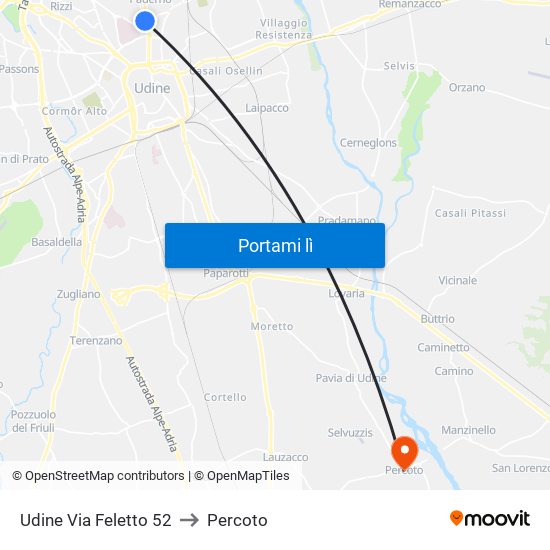 Udine Via Feletto 52 to Percoto map