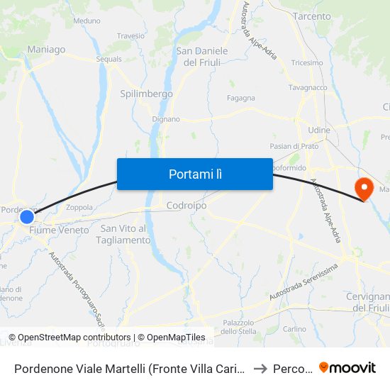 Pordenone Viale Martelli (Fronte Villa Carinzia) to Percoto map