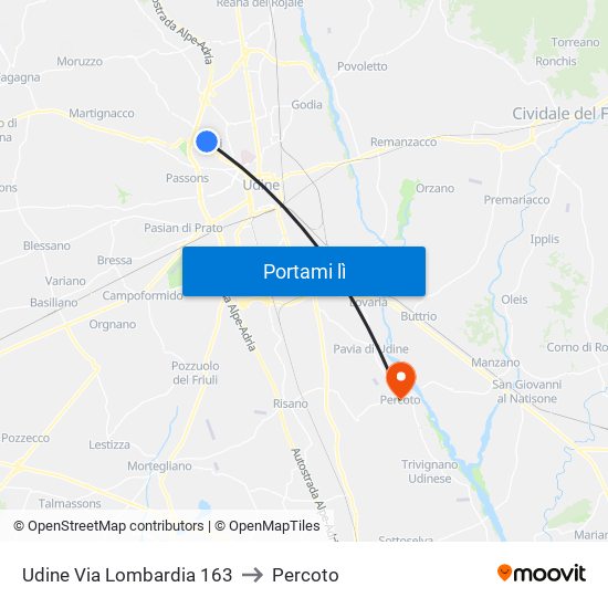 Udine Via Lombardia 163 to Percoto map