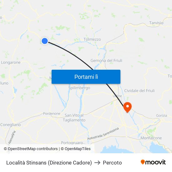 Località Stinsans (Direzione Cadore) to Percoto map