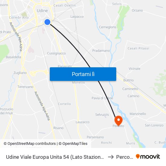 Udine Viale Europa Unita 54 (Lato Stazione Fs) to Percoto map