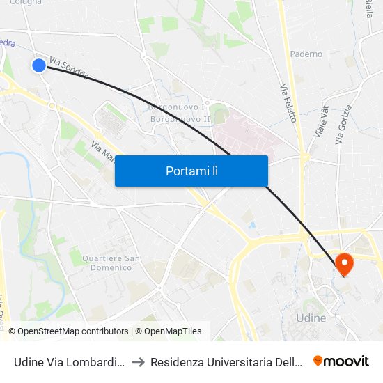 Udine Via Lombardia 163 to Residenza Universitaria Delle Grazie map