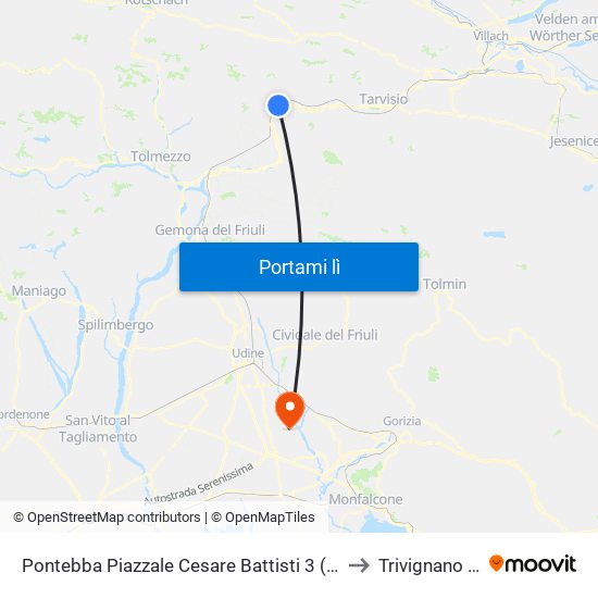 Pontebba Piazzale Cesare Battisti 3 (Stazione Fs, Dir.Udine) to Trivignano Udinese map