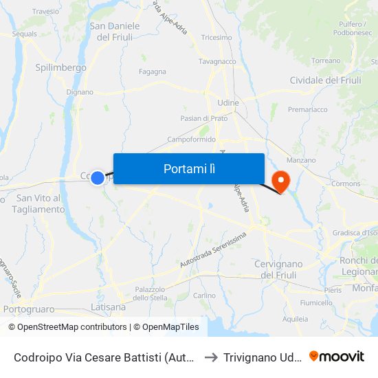 Codroipo Via Cesare Battisti (Autostazione) to Trivignano Udinese map