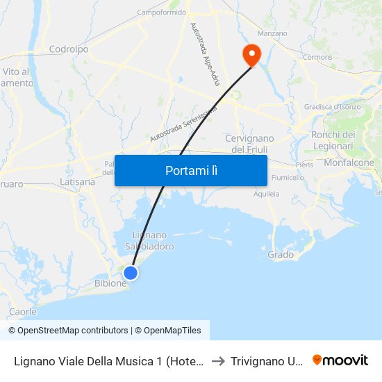 Lignano Viale Della Musica 1 (Hotel Meridianus) to Trivignano Udinese map