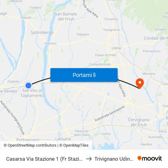 Casarsa Via Stazione 1 (Fr Stazione) to Trivignano Udinese map