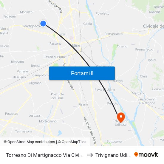 Torreano Di Martignacco Via Cividina 366 to Trivignano Udinese map