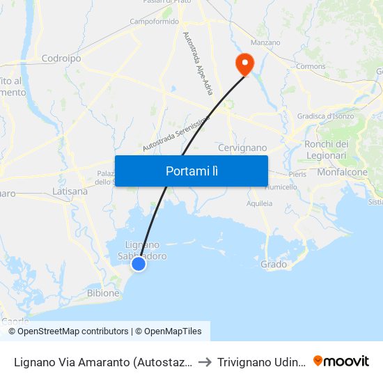 Lignano Via Amaranto (Autostazione) to Trivignano Udinese map