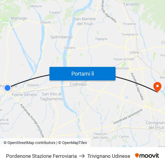 Pordenone Stazione Ferroviaria to Trivignano Udinese map