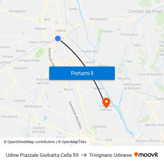 Udine Piazzale Giobatta Cella 59 to Trivignano Udinese map