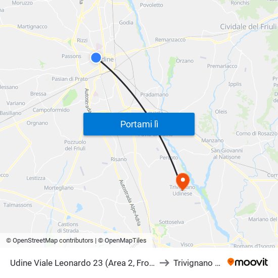 Udine Viale Leonardo 23 (Area 2, Fronte Liceo Marinelli) to Trivignano Udinese map